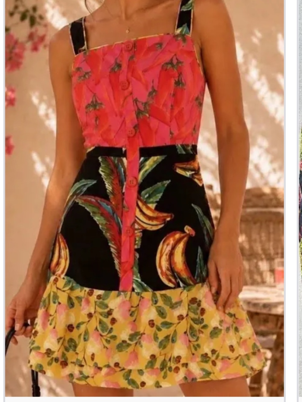 FARM Rio Preta Banana Patchwork Tropical Fruit Print Mini Dress XS Linen Blend